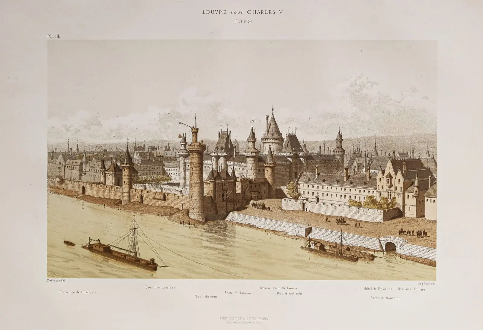 Le Louvre sous Charles V, en 1380, par Fédor Hoffbauer, lithographié par Eugène Cicéri