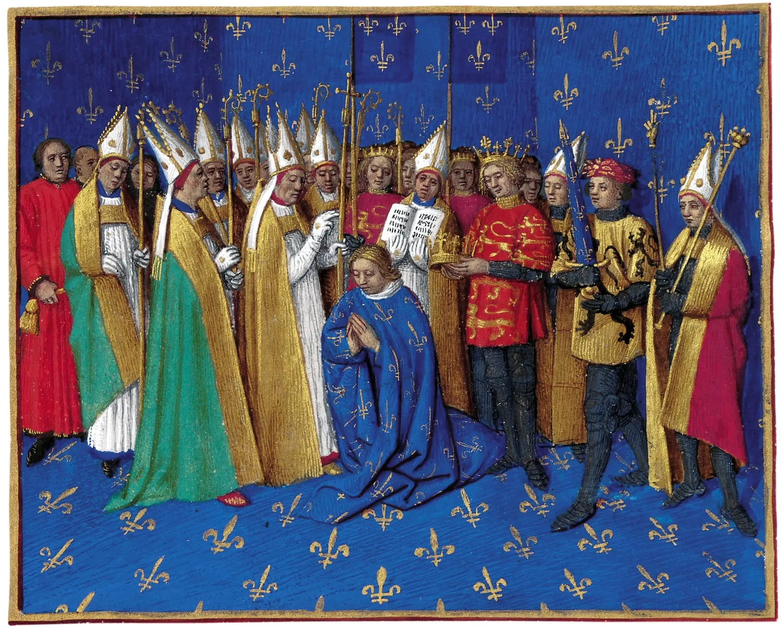 Le couronnement de Philippe Auguste à Reims, enluminure des Grandes Chroniques de France, par Jean Fouquet
